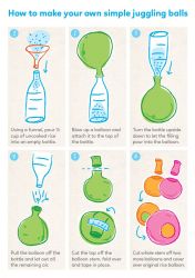 How to make your own simple juggling balls. Using a funnel, pour ½ cup of uncooked rice into an empty bottle. Blow up a balloon and attach it to the top of the bottle. Turn the bottle upside down to let the filling pour into the balloon.Pull the balloon off the bottle and let out all the remaining air. Cut the top off the balloon stem, fold over and tape in place. Cut whole stem off two more balloons and cover over original rice balloon.