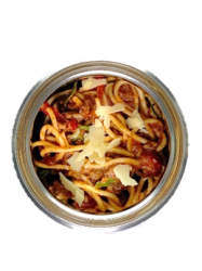 small insulated container that holds spaghetti bolognaise